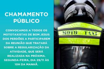 PREFEITURA REALIZARÁ REUNIÃO PARA REGULARIZAÇÃO DOS MOTOTAXISTAS DE BOM JESUS DOS PERDÕES